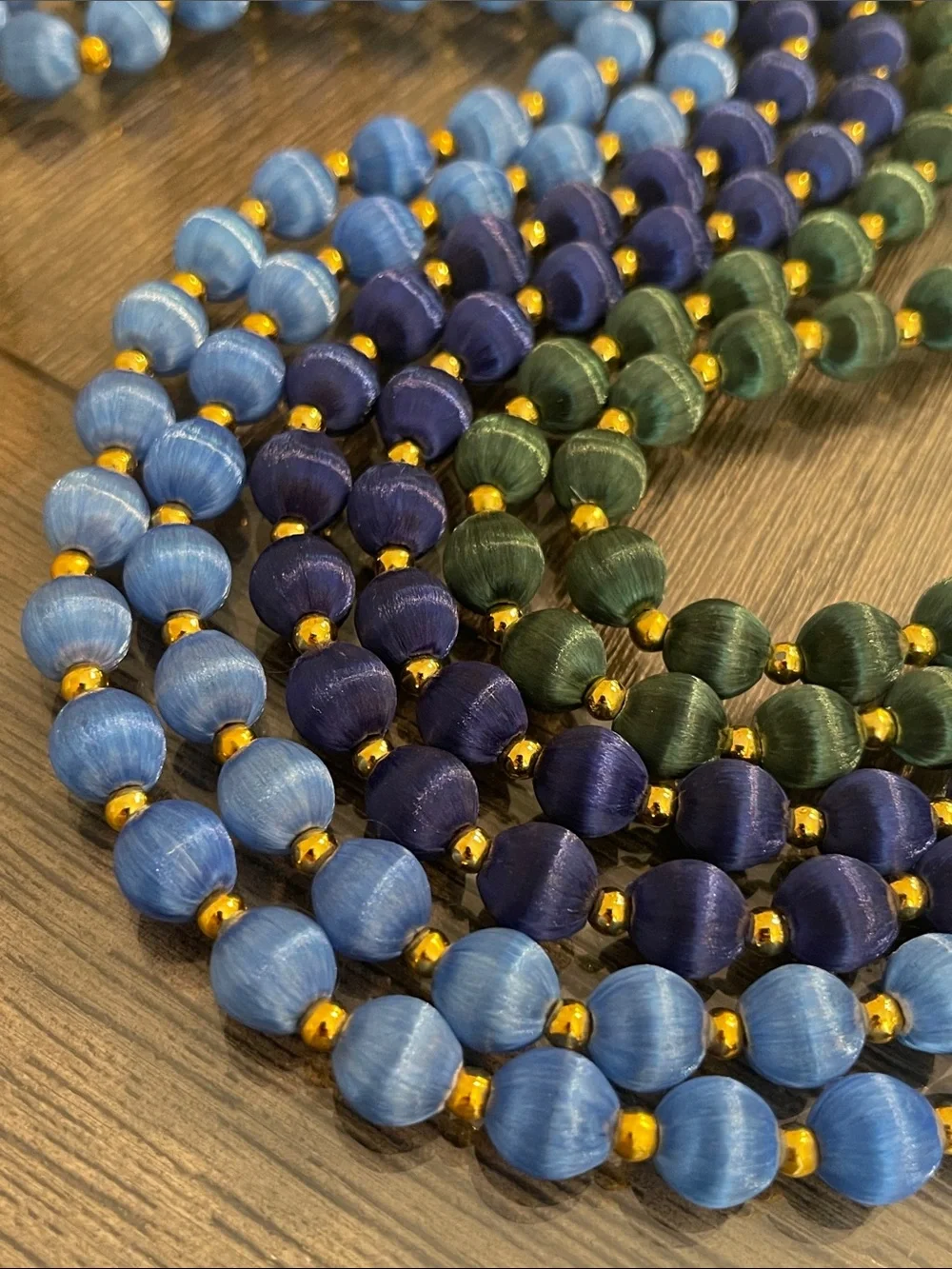 Vintage 3 Necklaces with Spun Silk Satin Beads Gold Tone Spacers 30 In. Approx